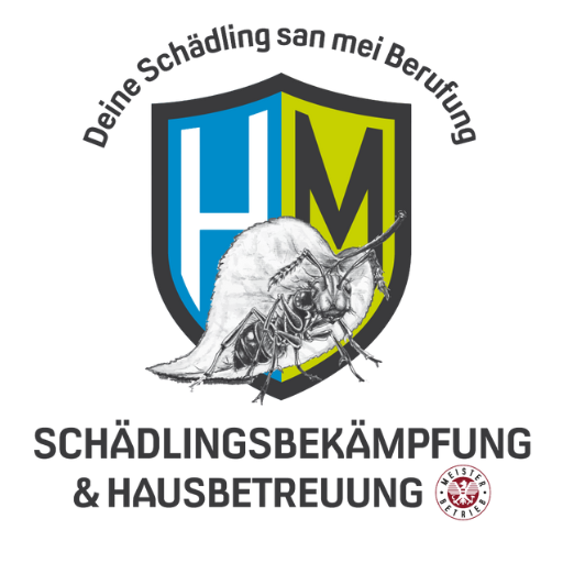 Firmenlogo von HM – Schädlingsbekämpfung mit dem Mundart-Spruch „Deine Schädling san mei Berufung