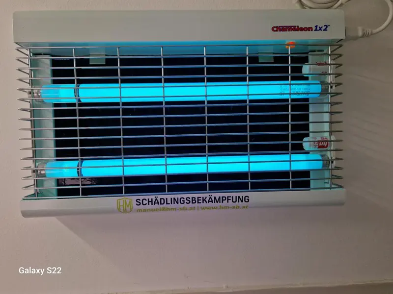 Montierter UV-Fliegenvernichter mit HM-Schädlingsbekämpfung-Beschriftung